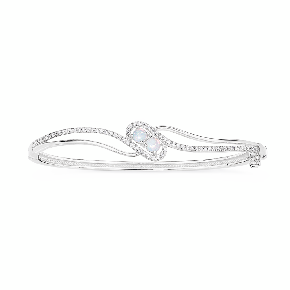 Silver Man-Made Opal & CZ Swirl 62x55mm Oval Hinge Bangle