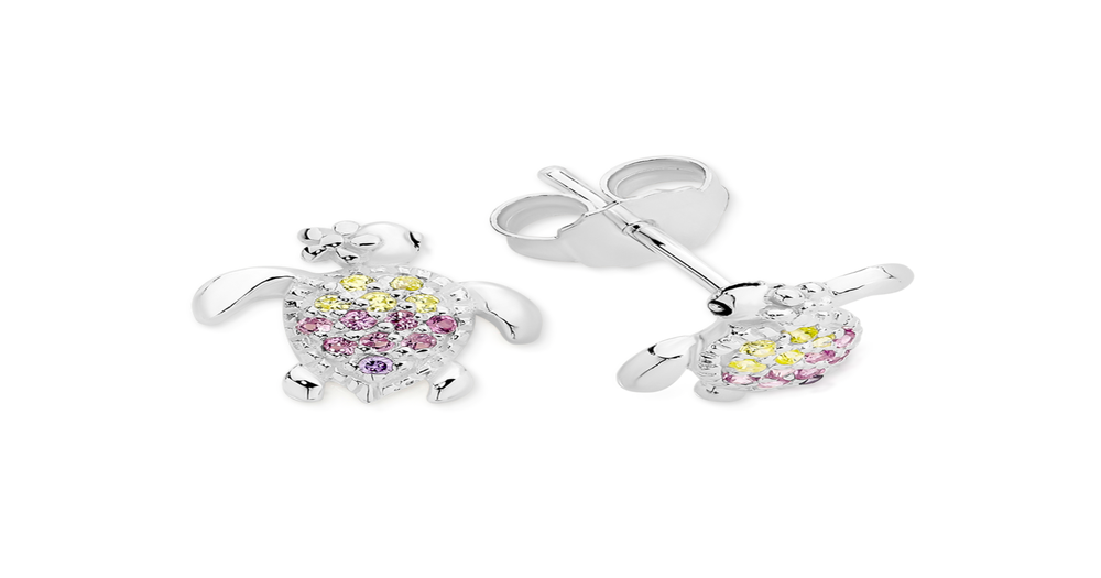 Silver Multi Colour Cz Turtle Stud Earrings in Clear Prouds