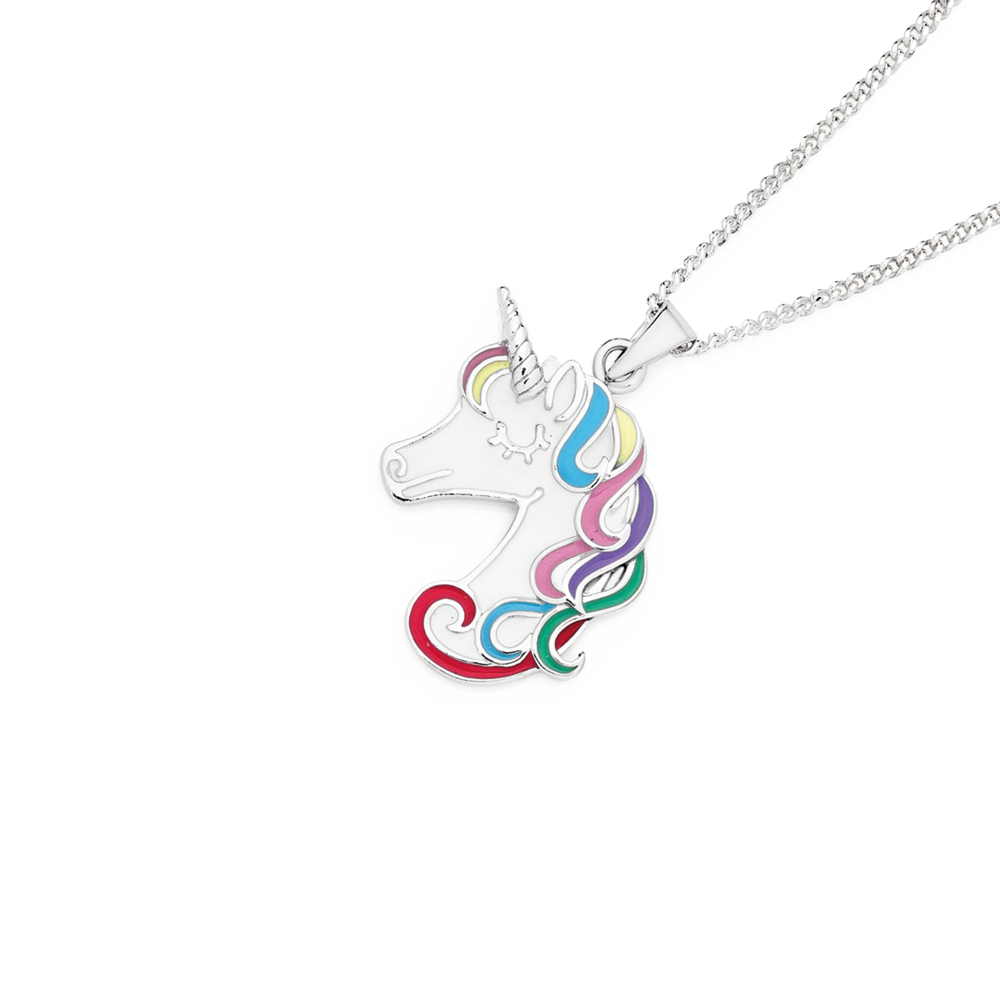 Silver Multi-Colour Enamel Unicorn Head Pendant