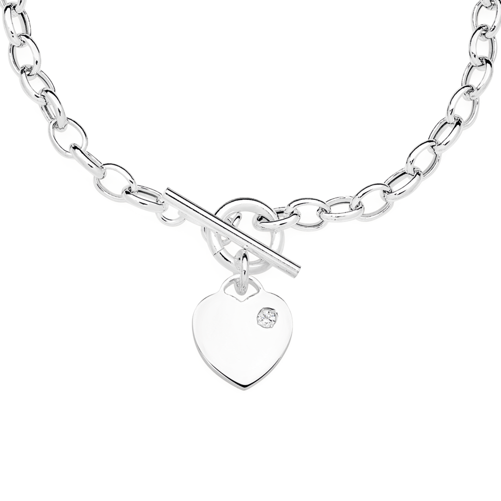 Sterling Silver Oval Belcher With Cubic Zirconia Heart Fob Bracelet 19cm Prouds