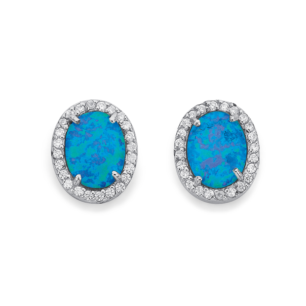 Silver Oval Synthetic Opal And CZ Stud Earrings