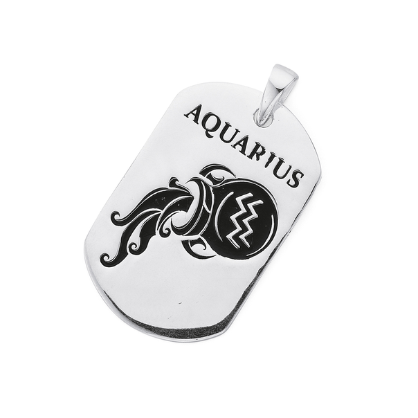 Silver Oxidised Aquarius Zodiac Sign Dogtag