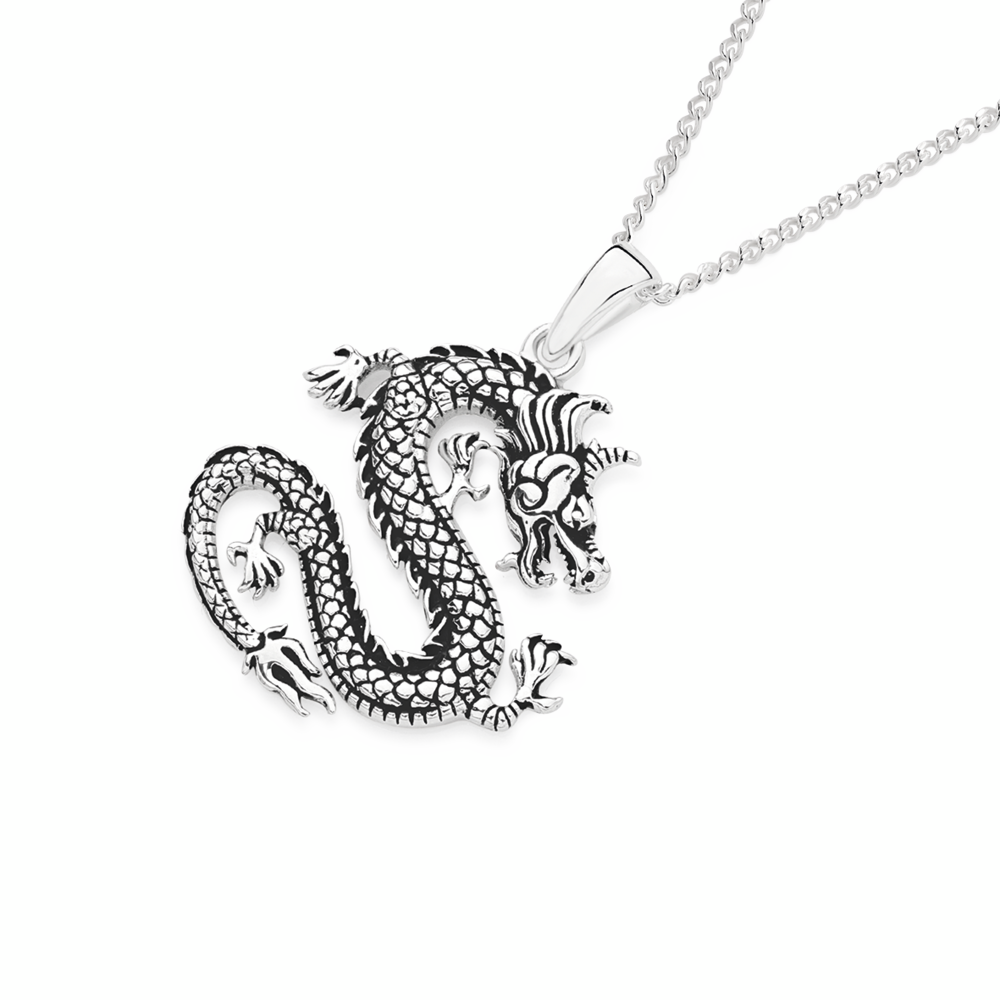 Silver Oxidised Oriental Dragon Pendant
