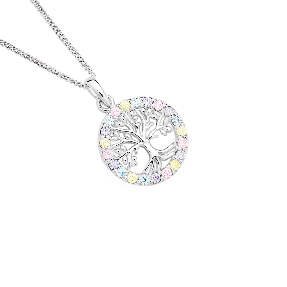 Silver Pastel Cz Tree Of Life Pendant in Multi colour Prouds