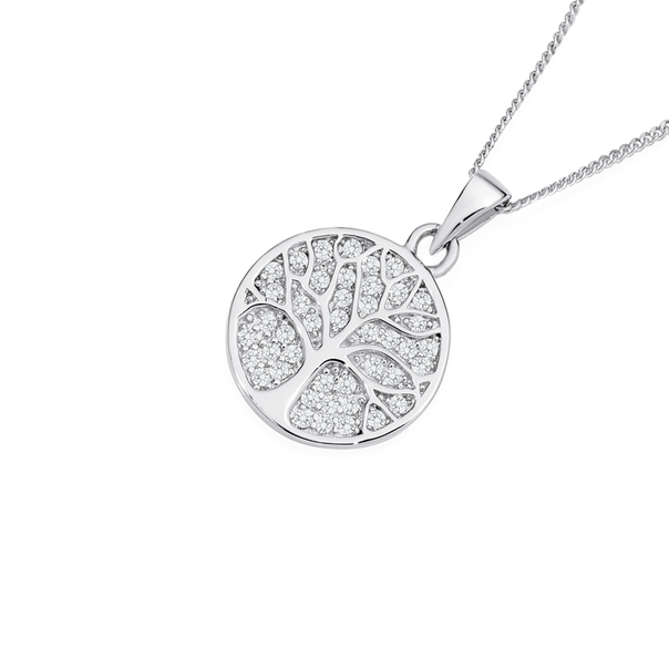 Silver Pave Cubic Zirconia Tree Of Life Pendant