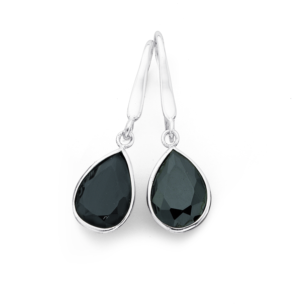 Silver Pear Black Cubic Zirconia Hook Earrings