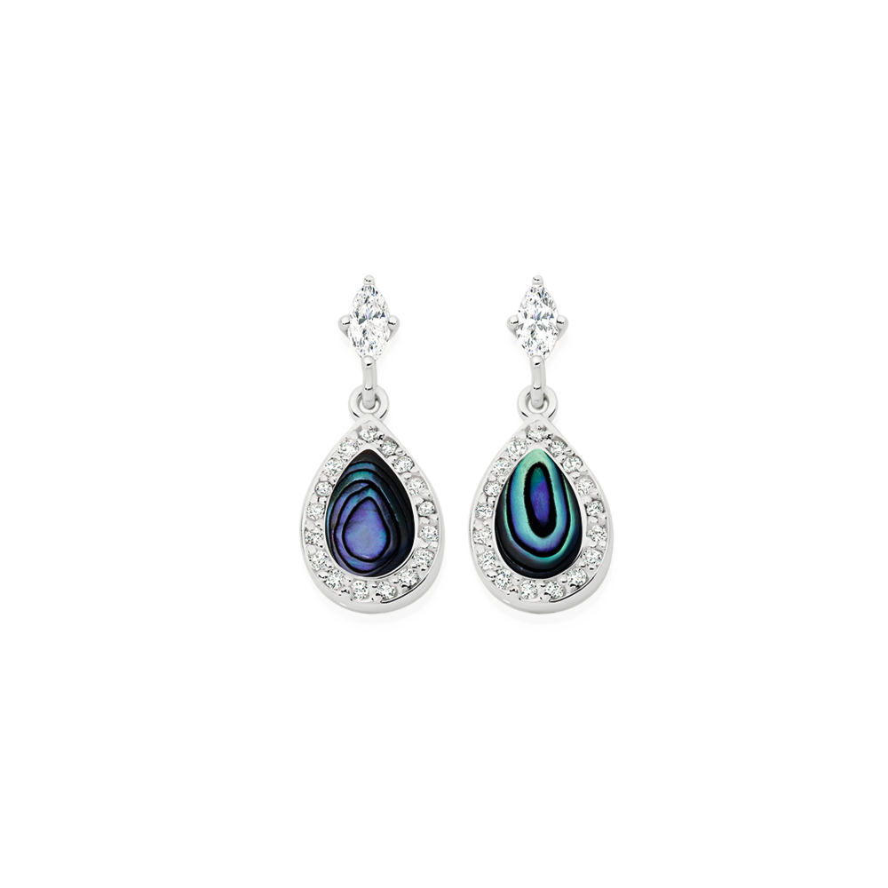 Silver Pear Paua Shell & Marquise CZ Halo Stud Earrings