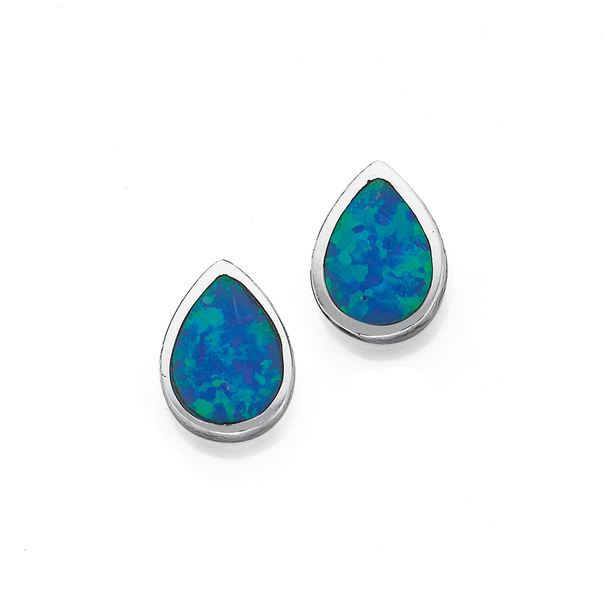 Silver Pear Synthetic Opal Stud Earrings