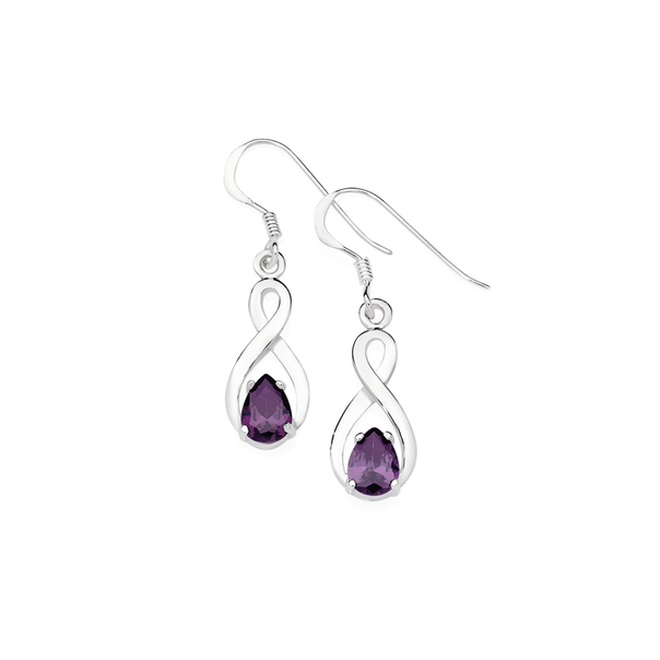 Silver Pear Violet Cubic Zirconia Drop Earrings
