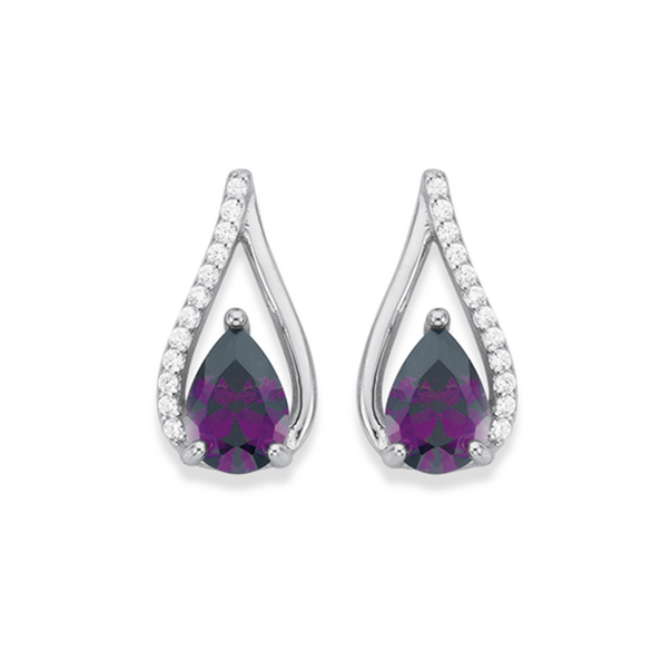 Sterling Silver Pear Violet CZ  Loop Earrings