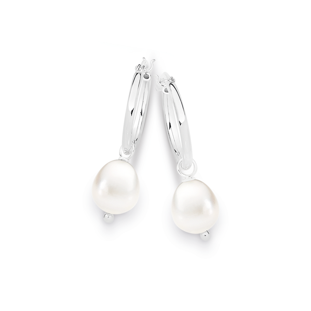 Silver Pearl 15mm Baroque Hoop Earrings in White Prouds