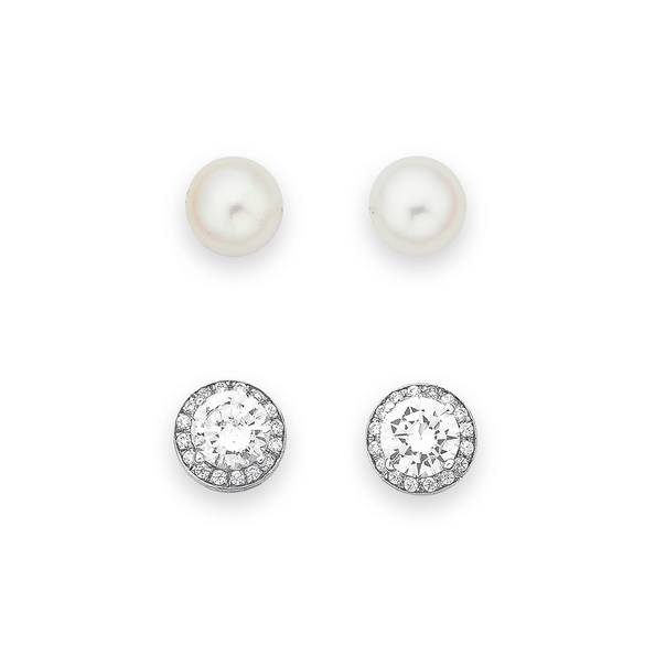 Silver Pearl and CZ Cluster Earrings
