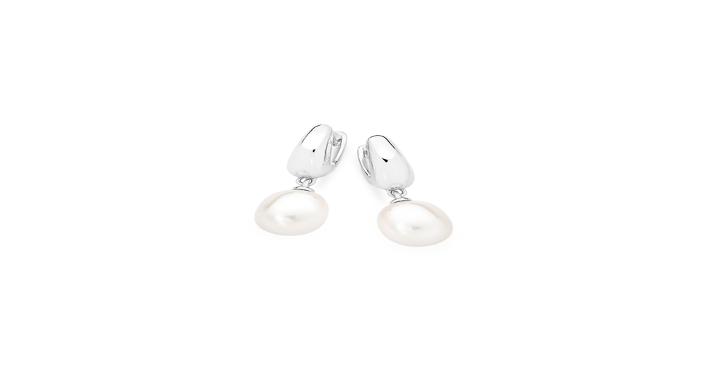 Silver Pearl Drop On Tapered Huggies in White Prouds