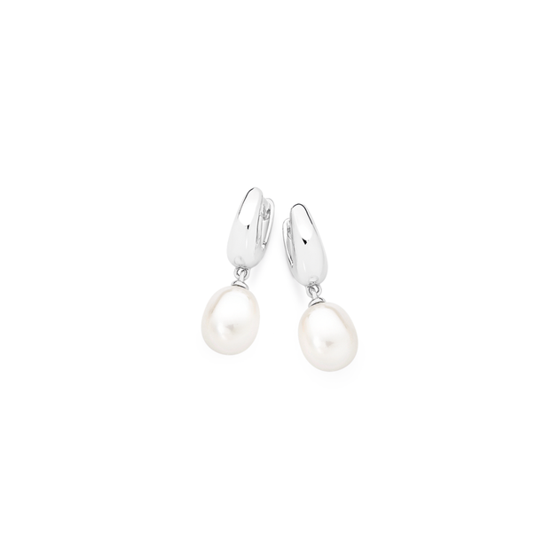 Silver Pearl Drop On Tapered Huggies in White Prouds