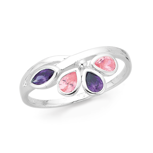 Silver Pink and Violet CZ Pear Ring