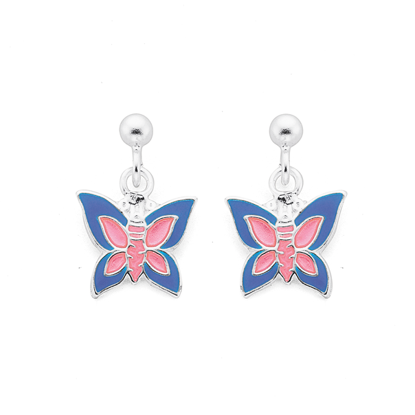Silver Pink & Blue Butterfly Drop Earrings