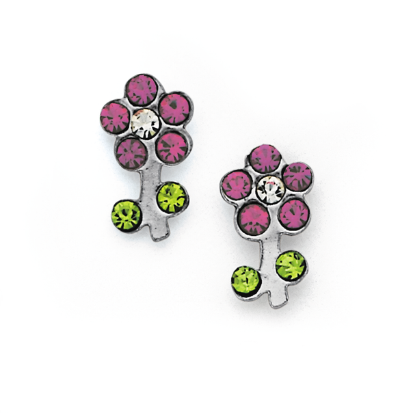 Silver Pink Crystal Flower Studs