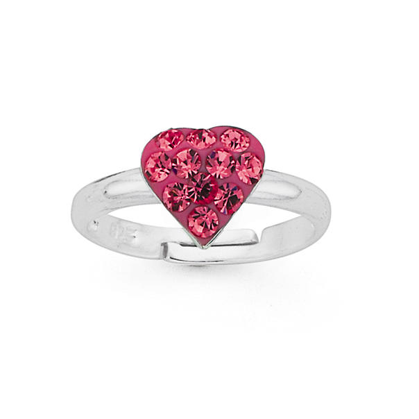 Silver Pink Crystal Heart Ring