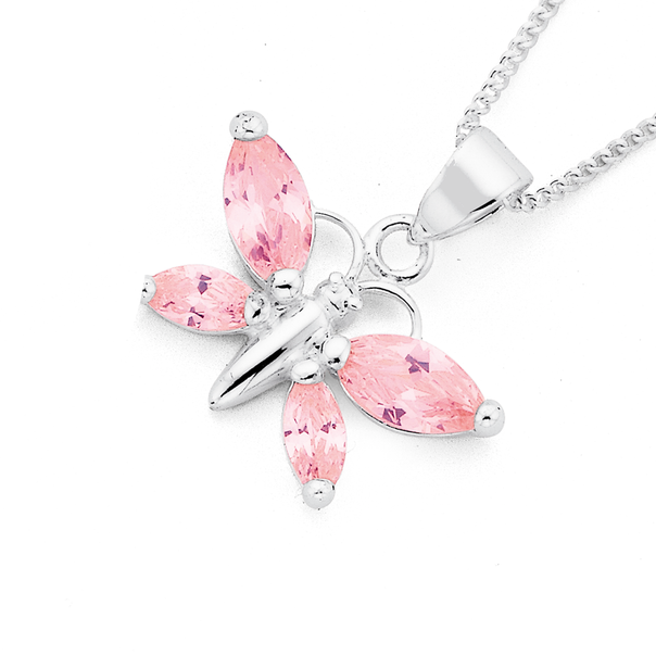 Silver Pink Cubic Zirconia Butterfly Pendant