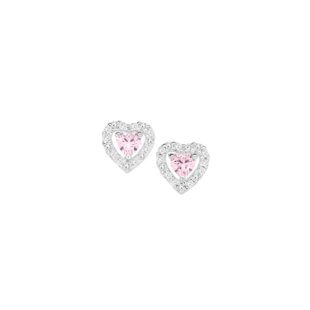 Silver Pink Cubic Zirconia Heart Earrings