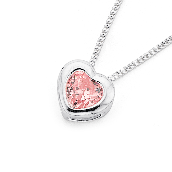 Silver Pink Cubic Zirconia Heart Pendant