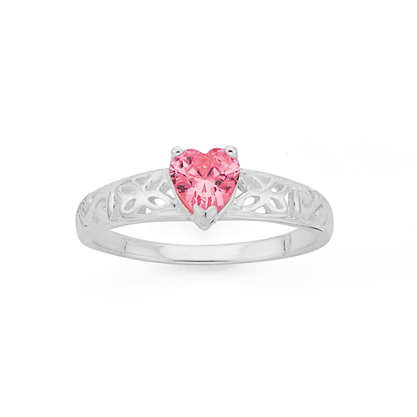 Silver Pink Cubic Zirconia Heart Scroll Ring