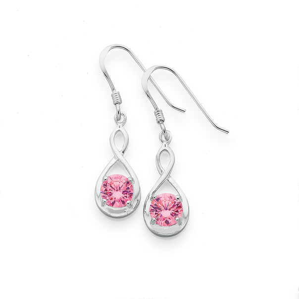 Silver Pink Cubic Zirconia Infinity Loop Earrings