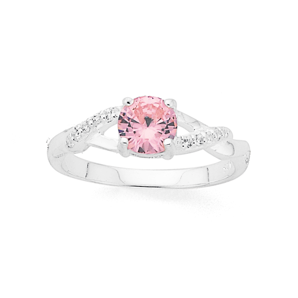 Silver Pink Cubic Zirconia Kiss Ring