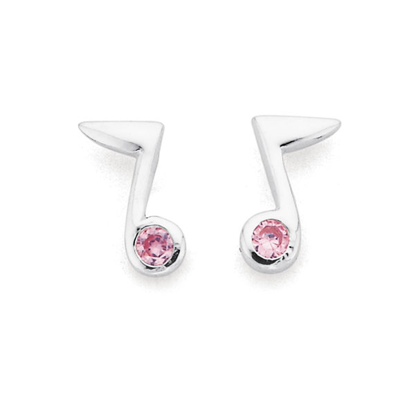 Silver Pink Cubic Zirconia Music Note Studs