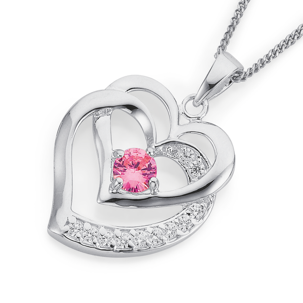 Silver Pink CZ Entwined Hearts Pendant