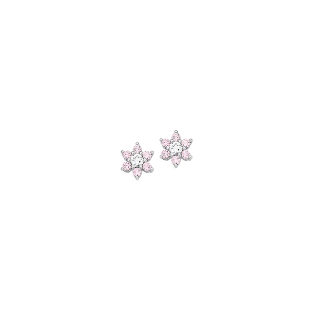 Silver Pink CZ Flower Clusteer Stud Earrings