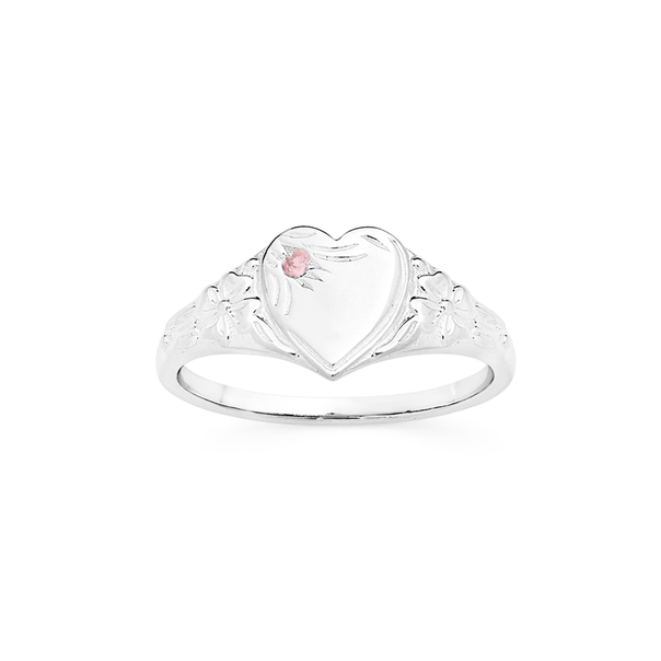 Silver Pink CZ Heart Fancy Signet Ring Size G