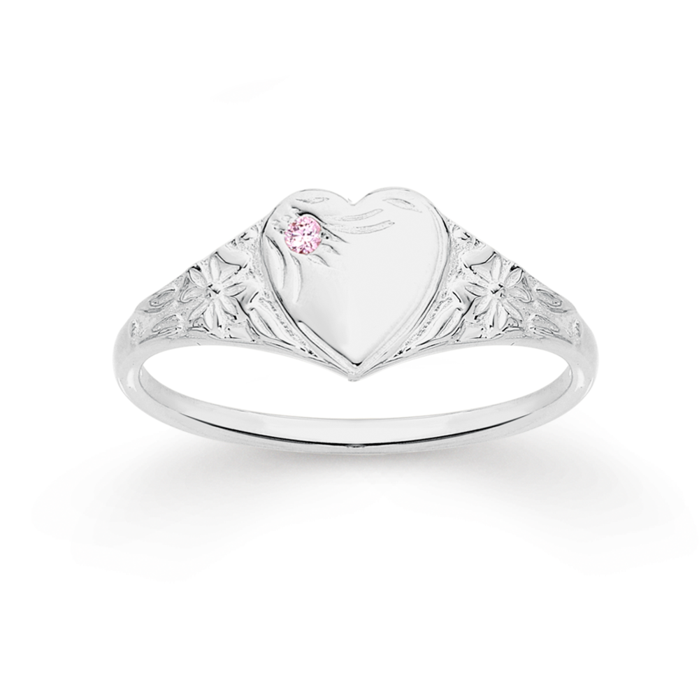 Silver Pink Cz Heart Signet Ring in Pink | Prouds