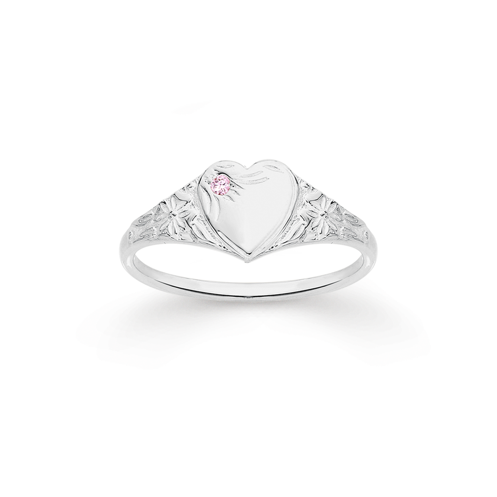 Silver Pink Cz Heart Signet Ring in Pink | Prouds