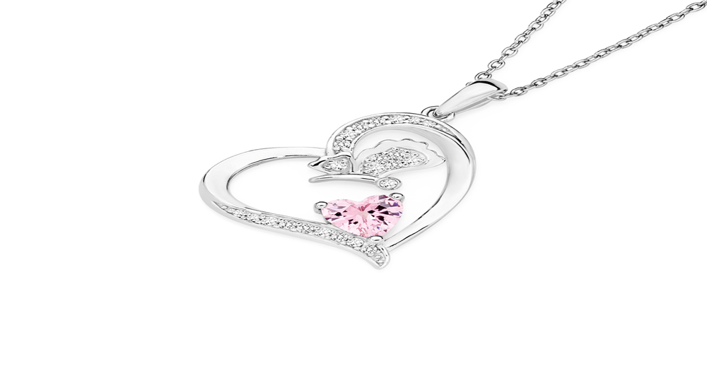 Silver Pink Cz Heart With Butterfly Pendant in Pink Prouds