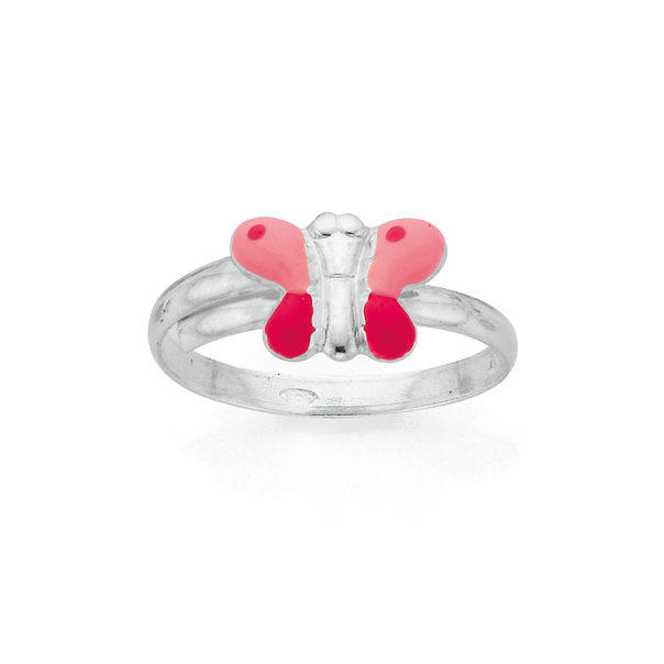Silver Pink Enamel Adjustable Butterfly Ring