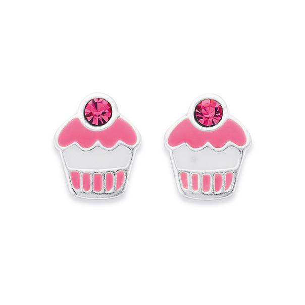Silver Pink Enamel & Crystal Cupcake Studs