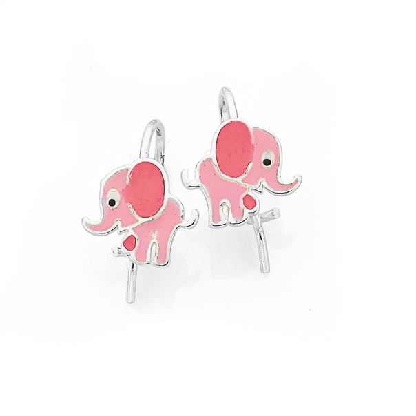 Silver Pink Enamel Elephant Hook Childrens Earrings