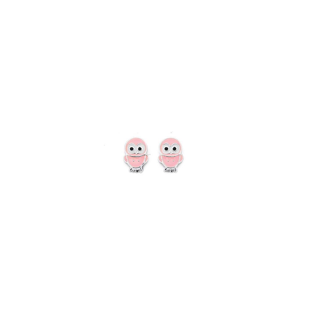 Silver Pink Enamel Owl Stud Earrings