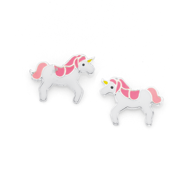 Silver Pink Enamel Unicorn Stud Earrings