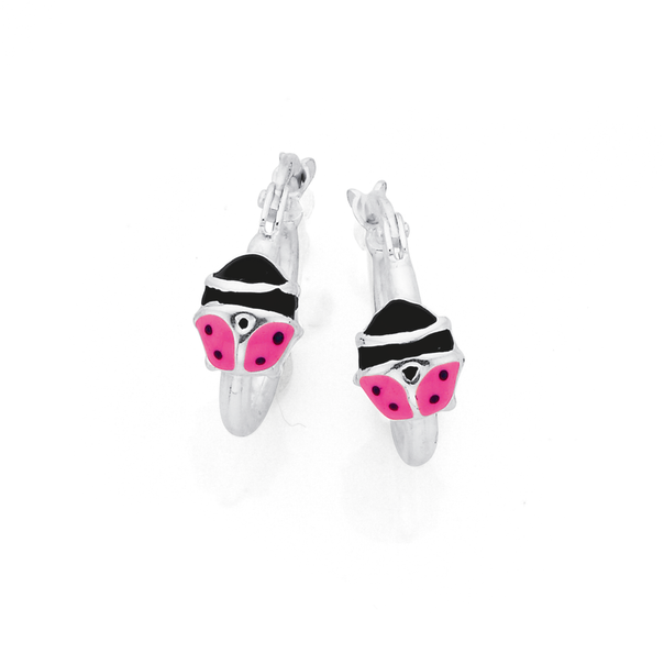 Silver Pink Ladybird Hoop Earrings