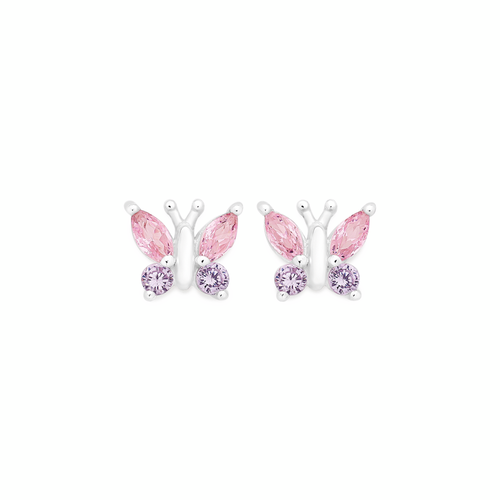 SILVER PINK & LAVENDER CUBIC ZIRCONIA BUTTERFLY STUD EARRINGS