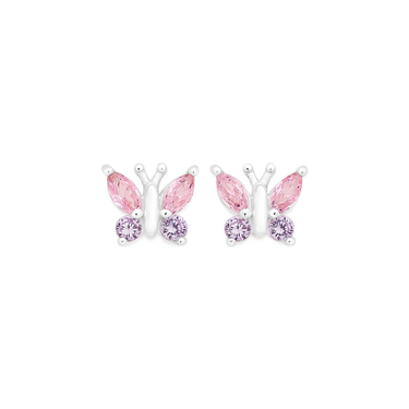 SILVER PINK & LAVENDER CUBIC ZIRCONIA BUTTERFLY STUD EARRINGS