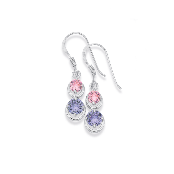 Silver Pink/Lavender Round CZ Hook Earrings