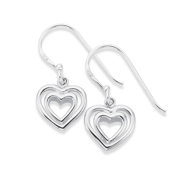 Silver Polished Double Open Heart Drop Earrings