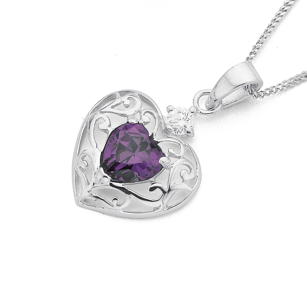 Silver Purple Cubic Zirconia Filigree Heart Pendant in Purple Prouds