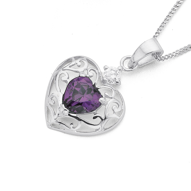 Silver Purple Cubic Zirconia Filigree Heart Pendant in Purple | Prouds