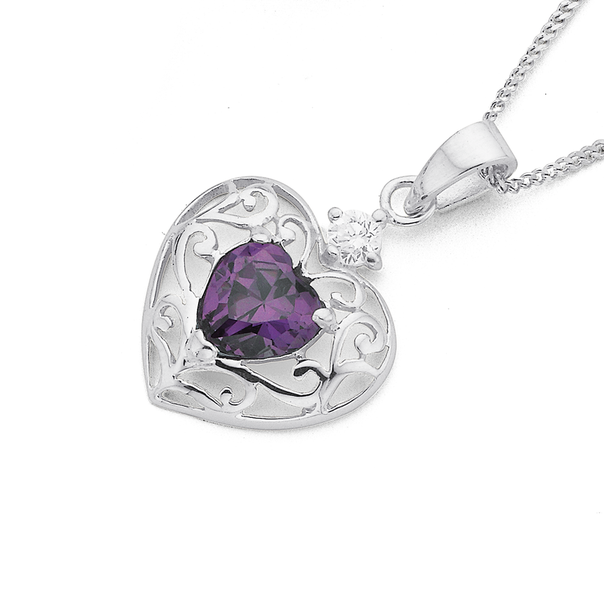 Silver Purple Cubic Zirconia Filigree Heart Pendant