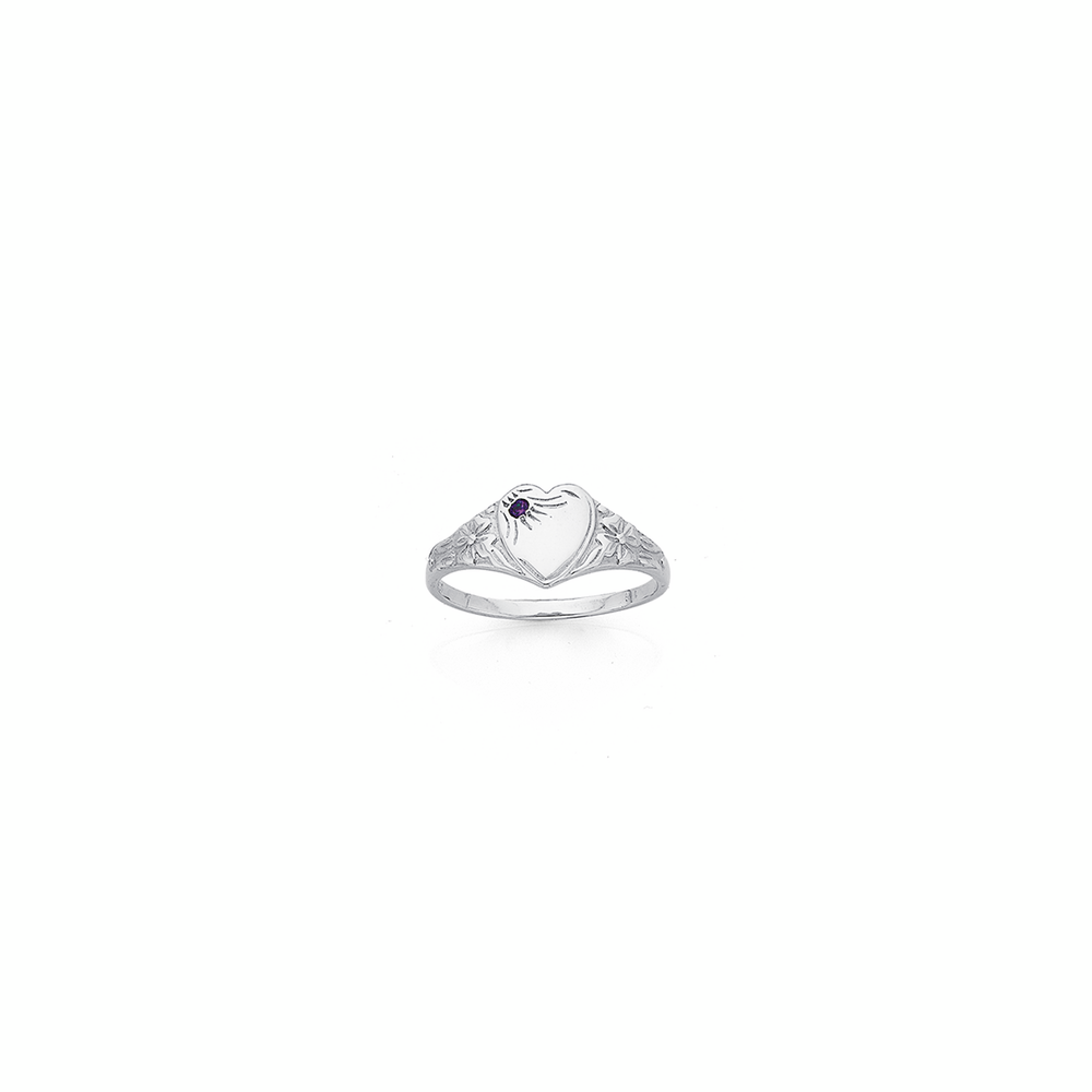 Silver Purple Cz Heart Signet Ring | Size I in Purple | Prouds