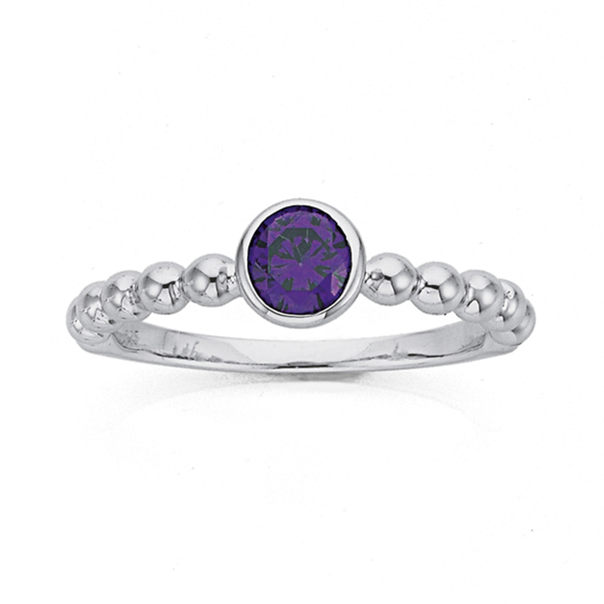 Silver Purple CZ Round Bezel Ring (Size M)
